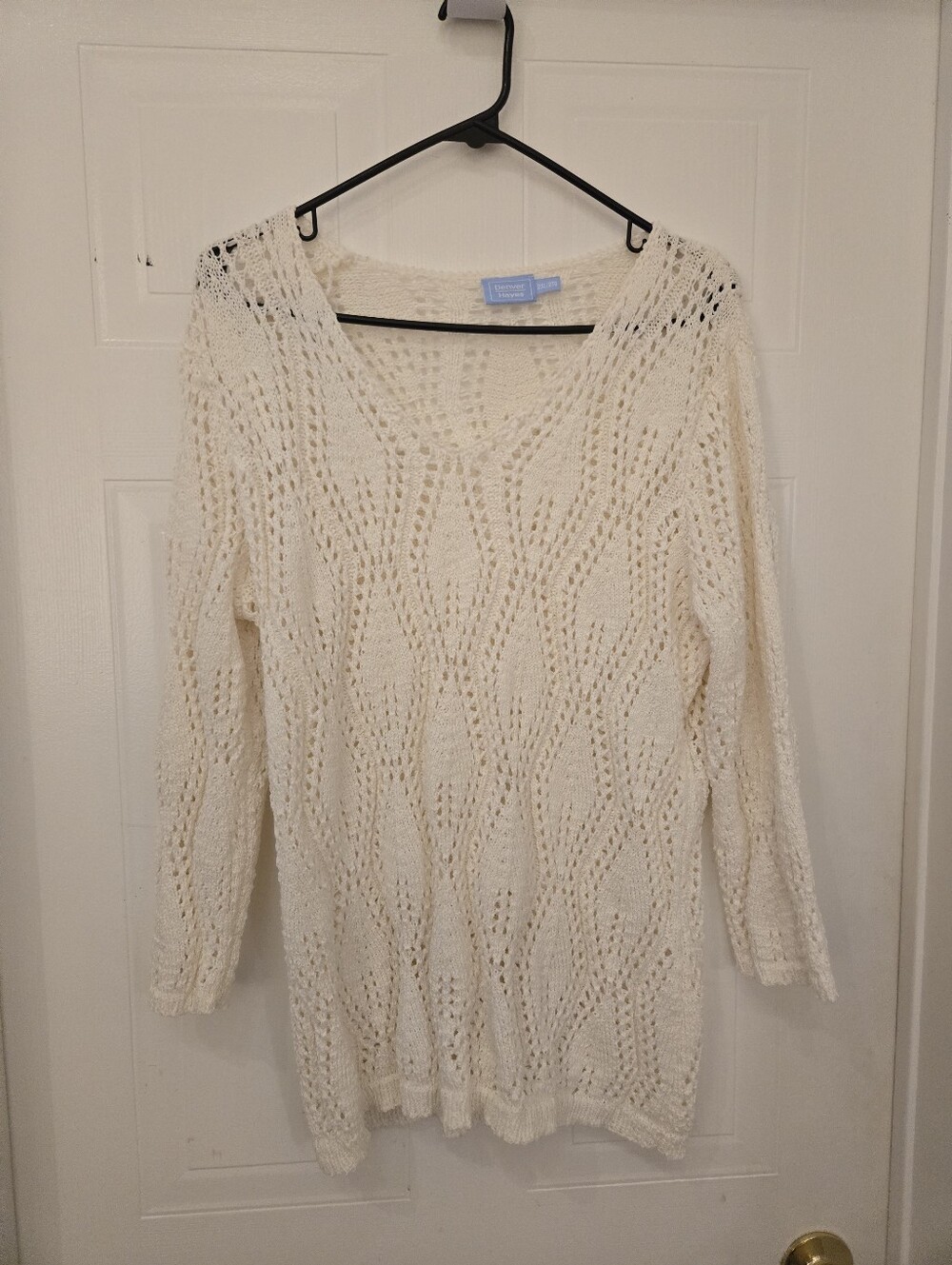 Denver Hayes 2X White Open-Weave V-Neck Sweater